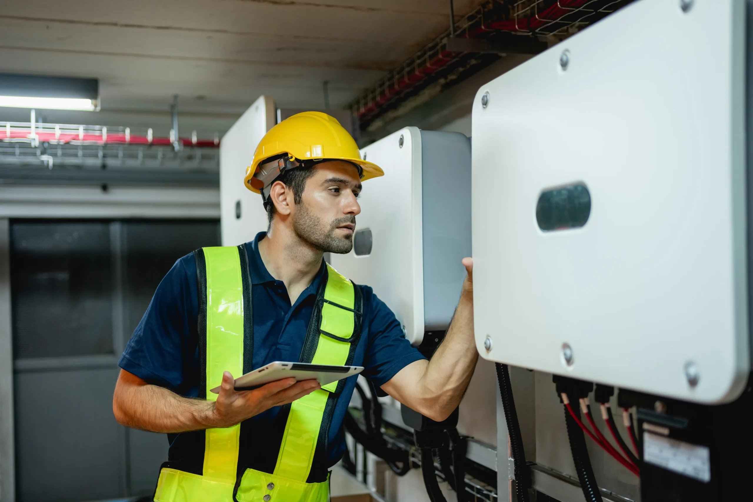Technician checking a wall-mounted enclosure beside solar inverters