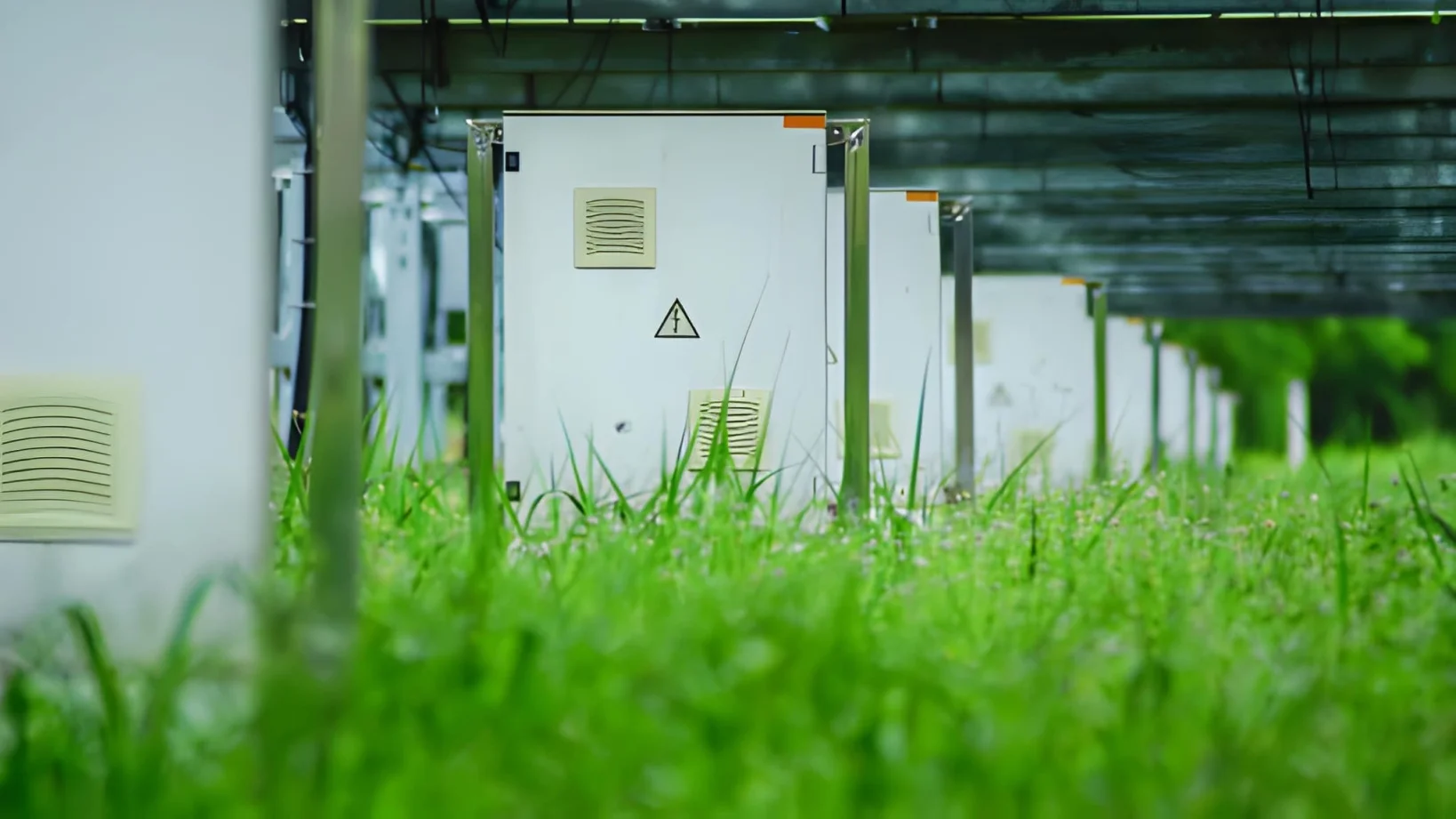 Row of PV combiner boxes consolidating strings in a solar power plant