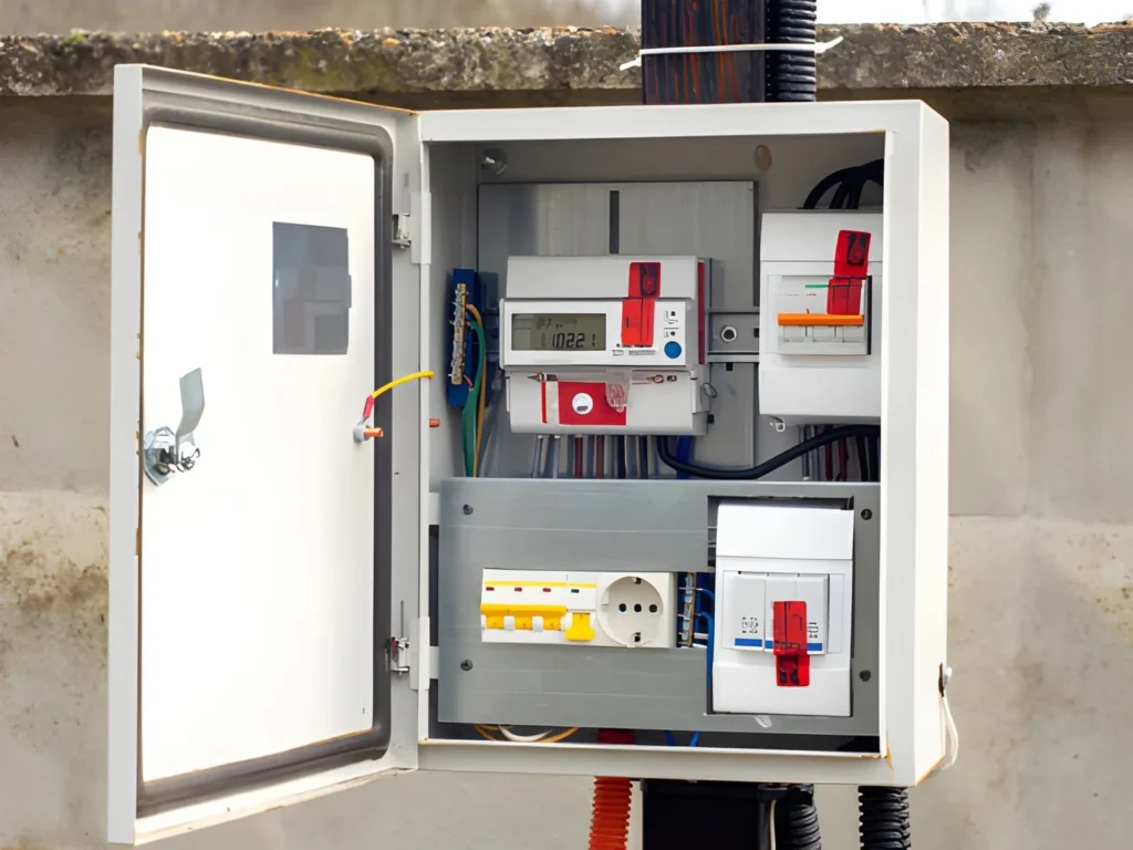Close up view of the waterproof outdoor electrical box