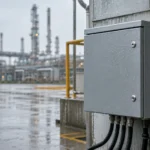 Outdoor industrial electrical enclosure mounted on wall in rainy factory environment, showing waterproof and dust tight features with visible cables and industrial equipment in the background