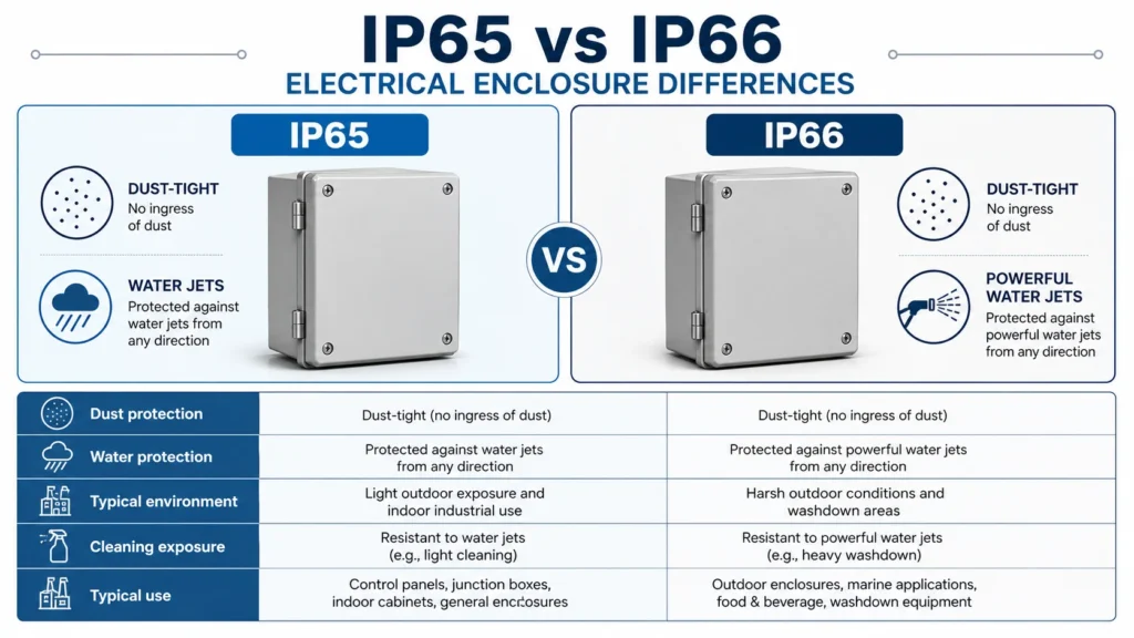 Side by side comparison infographic of IP65 vs. IP66 electrical enclosures