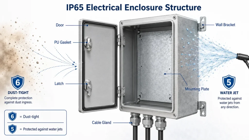 Technical diagram of IP65 electrical enclosure structure in semi cutaway view with door open
