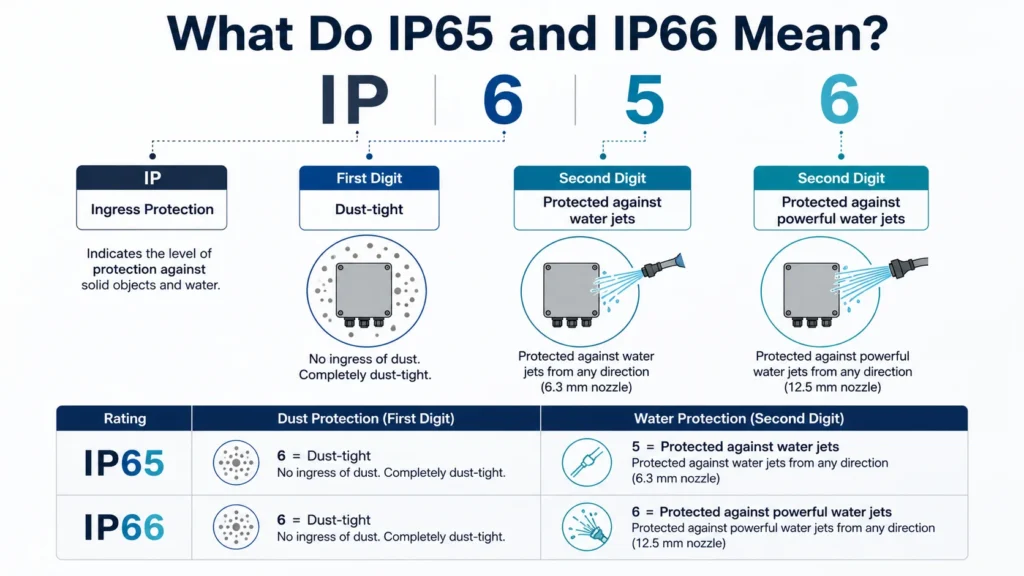 Technical infographic explaining IP65 and IP66 ratings, showing IP code breakdown with icons for dust tight protection and water jet protection