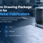 Enclosure drawing package checklist with a 3D STEP model, a dimensioned 2D PDF drawing sheet and an RFQ document on a workbench