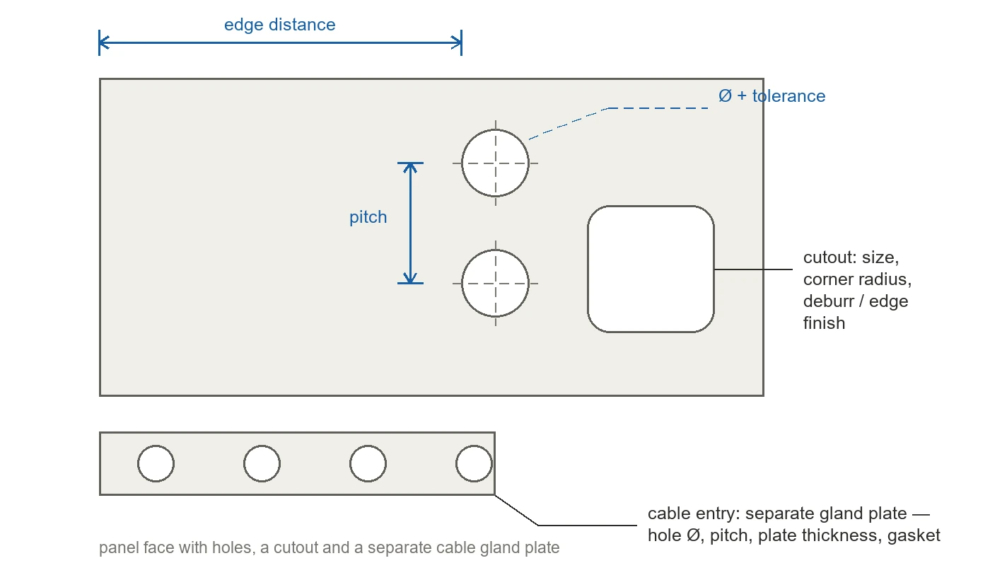 Panel face drawing showing hole diameter, pitch between holes, edge distance, a cutout with corner radius and deburr callout, and a separate cable gland plate.