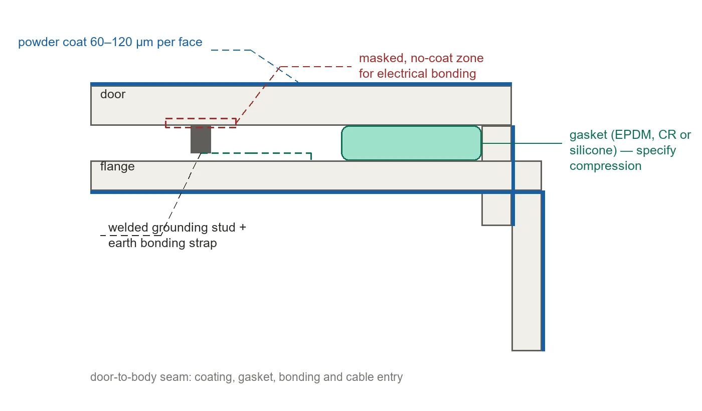 Cross-section of a door-to-body seam showing powder coating, gasket compression, a welded grounding stud, earth bonding strap and a masked no-coat bonding zone.