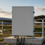 Steel PV combiner box on a concrete plinth in a ground-mounted solar array, with DC cables entering through the gland plate at the base