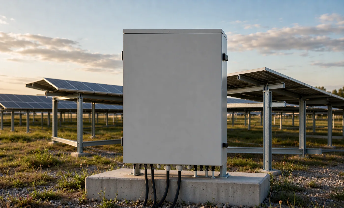 Steel PV combiner box on a concrete plinth in a ground-mounted solar array, with DC cables entering through the gland plate at the base